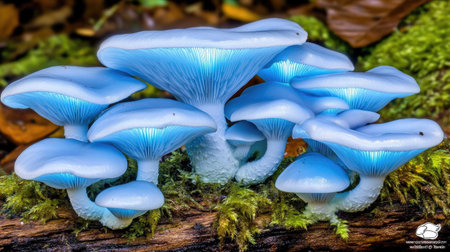 A close-up of bioluminescent mushrooms emitting a soft blue glow, growing on a mossy log, with their light standing out in the dark, misty forest.の素材