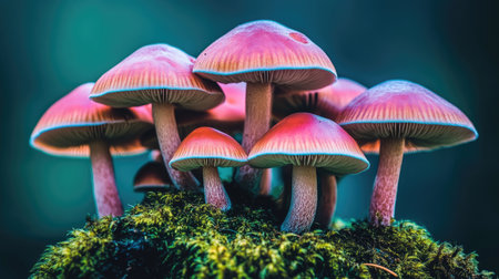 A close-up of small, delicate mushrooms glowing faintly on a moss-covered rock, their gentle light creating an intimate, magical atmosphere.の素材