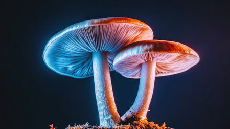 A close-up of bioluminescent mushrooms emitting a soft blue glow, growing on a mossy log, with their light standing out in the dark, misty forest.の素材