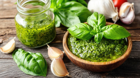 A creative presentation of pesto in small jars, with labels and colorful ribbons, perfect for gifting or serving at a gathering, emphasizing its homemade charm.の素材