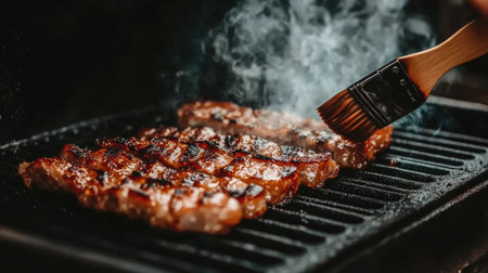 A mouthwatering close-up of grilled pork belly sizzling on the grill, with smoke rising and a brush of savory sauce, capturing the essence of outdoor cooking.の素材