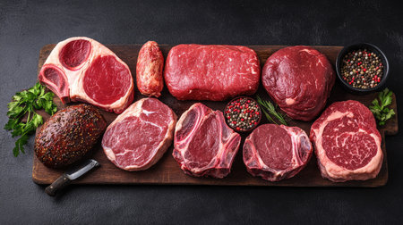 A modern kitchen countertop featuring various cuts of meat prepared for cooking, with tools like knives, cutting boards, and seasoning, illustrating the art of butchery and culinary expertise.の素材