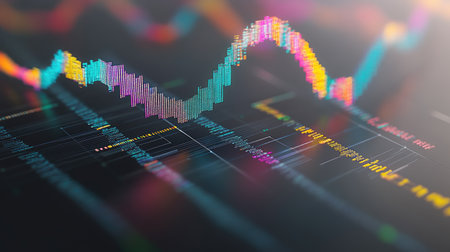 A dynamic stock market chart with colorful lines and rising bars, representing bullish trends. The background features digital data grids and scrolling ticker symbols.の素材