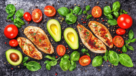 A mouthwatering chicken avocado sandwich being prepared in a kitchen, with fresh ingredients like avocado, chicken, and tomatoes laid out, capturing the essence of healthy cooking.の素材