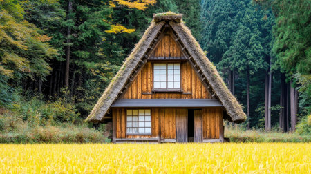 A panoramic view of a traditional Japanese farmhouse with rice fields surrounding it, capturing the harmony between human habitation and agriculture in a picturesque landscape.の素材