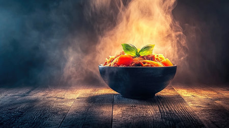 A steaming bowl of spaghetti Bolognese, topped with freshly grated Parmesan and basil leaves. The rich, meaty sauce and perfectly cooked pasta create an inviting, hearty meal.の素材