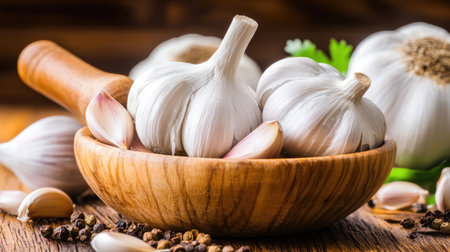 A stylish kitchen countertop featuring garlic bulbs, a mortar and pestle, and spices, illustrating the use of garlic in flavoring dishes and the art of cooking.の素材