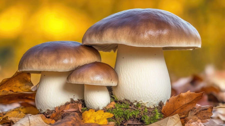A serene landscape featuring a natural growth of Shimeji mushrooms in the wild, nestled among fallen leaves and moss, highlighting their connection to the forest ecosystem.の素材