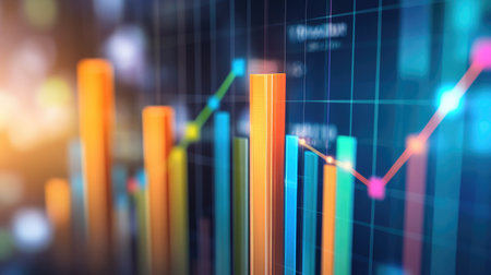A vibrant D bar chart with transparent bars of different heights, set against a digital interface with glowing lines and data grids. The bars rise, showing financial statistics.の素材