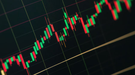 A vibrant stock chart with colorful lines, arrows, and candlestick patterns, illustrating market movement. The chart is displayed against a futuristic digital screen with data.の素材