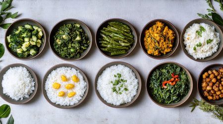 A variety of dishes served with rice from a rice cooker, including stir-fried vegetables and curry, presented beautifully on a dining table, showcasing a delicious meal.の素材