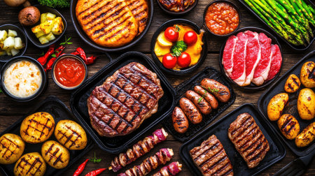 A vibrant overhead shot of a ribeye steak dinner featuring colorful sides like grilled asparagus and baked potatoes, all arranged on a rustic wooden table for a homely feel.の素材