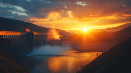 A dramatic sunset shot of a large dam and reservoir, with the setting sun casting warm hues over the water and the dam's towering structure.の素材