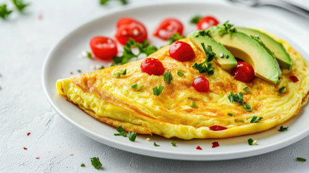 A delightful brunch setup with a cheese omelette as the centerpiece, surrounded by a variety of toppings like herbs, avocado slices, and salsa, inviting guests to customize their meal.の素材