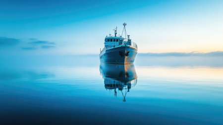 A serene photo of a large ship anchored in the middle of a calm, tranquil sea, with clear blue skies and reflections of the vessel shimmering on the water's surface.の素材