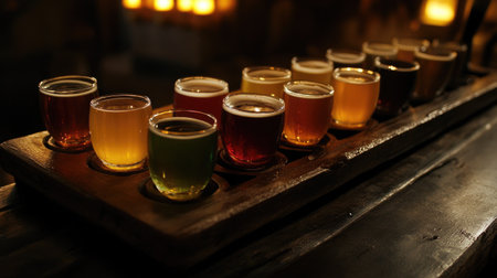 An artistic close-up of a beer flight with various craft beers served in small glasses on a wooden tray, showcasing different colors and styles.の素材