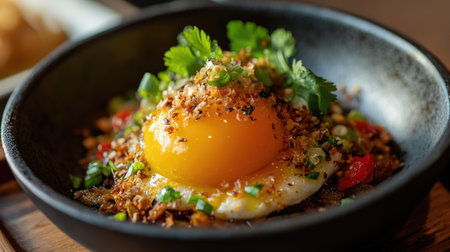 An artistic close-up of a perfectly cooked  with the yolk still runny, served in a traditional Thai pan, with a focus on the texture and rich colors.の素材