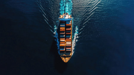 An overhead shot of a massive cargo ship navigating through deep blue waters, with containers neatly stacked on deck and the open sea stretching out to the horizon.の素材