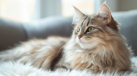 A close-up of a fluffy cat's fur, highlighting the softness and texture of the coat, with natural light emphasizing its sheen and color variations.の素材