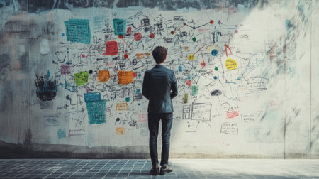 A person standing in front of a wall with a mind map, using markers to connect different concepts, emphasizing strategic thinking and idea organization.の素材
