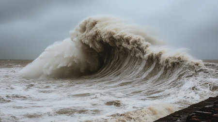An intense image of a storm at sea, with towering waves and turbulent waters under a dark, ominous sky, highlighting the storm's power and the danger it poses.の素材