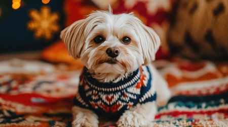 An endearing photo of a small dog wearing a cute sweater, sitting on a colorful rug with a background of Christmas decorations, capturing a festive and heartwarming scene.の素材