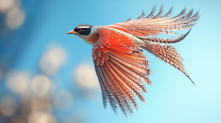 An artistic image of a bird soaring against a clear blue sky, with a focus on the intricate details of its feathers and the sense of freedom in flight.の素材