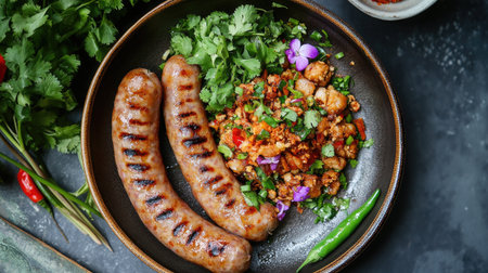 A high-resolution photo of  with a sprinkle of fresh herbs and a side of Thai-style sausage, arranged artfully on a plate with a colorful garnish.の素材