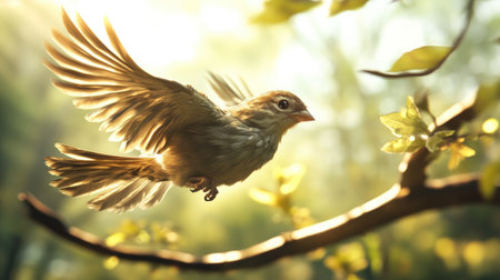 A dynamic scene of a bird taking off from a branch, with its wings fully extended and a blurred background to emphasize the speed and motion of its flight.の素材