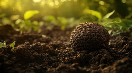 An artistic photo of a whole truffle mushroom surrounded by its natural habitat in the forest, emphasizing its organic origins and rustic beauty.の素材
