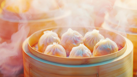 A vibrant close-up of a bamboo steamer filled with steaming  dim sum and  bao buns, showcasing their delicate textures and savory fillings.の素材