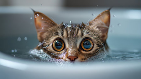 A high-quality photo of a cat's face peeking out from a tub full of warm water, with water droplets on its whiskers and a look of curiosity or surprise.の素材