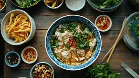 An overhead shot of a bowl of hot  on a dining table, surrounded by traditional Thai side dishes and condiments, creating a vibrant and inviting meal spread.の素材