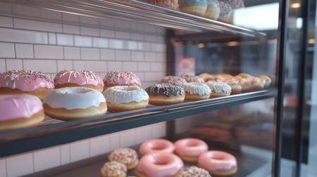 A high-quality photo of a donut shop display case, showcasing a variety of freshly made donuts with different glazes and fillings, attracting customers.の素材