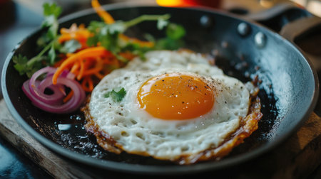 A close-up of a sizzling pan of Thai-style fried eggs  with crispy edges and a runny yolk, served with a side of pickled vegetables and fresh herbs.の素材