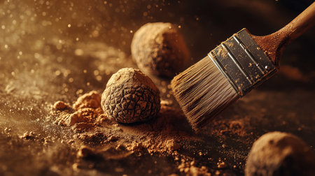 A vibrant image of truffles being carefully cleaned with a brush, with the attention to detail emphasizing their high-end culinary use.の素材