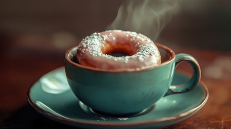 A charming image of a donut being dipped into a cup of coffee or hot chocolate, capturing the moment of indulgence and the contrast between the warm drink and the sweet treat.の素材