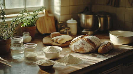A high-quality image of a bread-making process with ingredients like flour, yeast, and water laid out on a kitchen counter, highlighting the simplicity of making bread.の素材