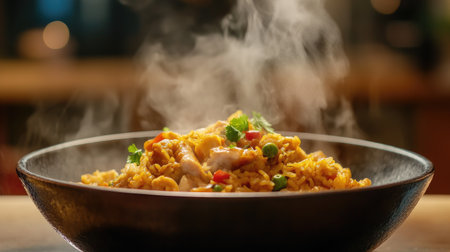 A close-up shot of steaming curry fried rice served in a bowl, showcasing the mix of colorful ingredients and aromatic spices in a cozy dining setting.の素材