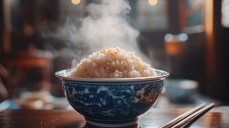 A close-up of a steaming bowl of fluffy, perfectly cooked , with a pair of chopsticks resting on the side and a traditional Thai meal setup in the background.の素材