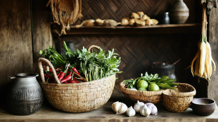 A charming scene of a traditional Thai kitchen with a basket full of fresh , alongside other ingredients like garlic and herbs, emphasizing an authentic cooking environment.の素材