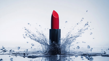 An artistic shot of a lipstick falling or being placed onto a white surface, with its vibrant color creating a striking contrast against the background.の素材