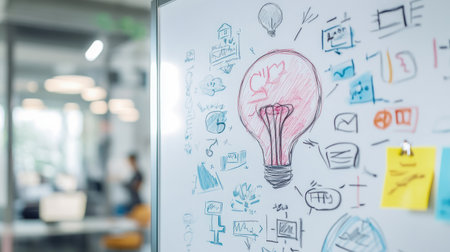 An image of a mind map on a whiteboard, with interconnected ideas and key concepts highlighted, showing the organization and development of creative thought processes.の素材