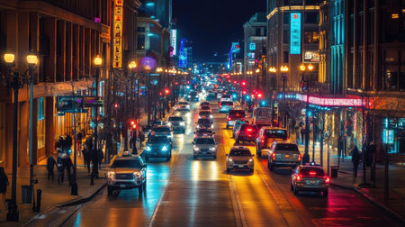 A bustling city street illuminated by bright neon lights and street lamps, with cars moving and pedestrians walking along the sidewalks on a lively night.の素材