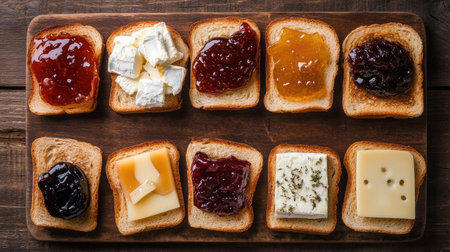 An image of a variety of toasted bread slices with different toppings, including jam, honey, and cheese, arranged on a rustic wooden board.の素材