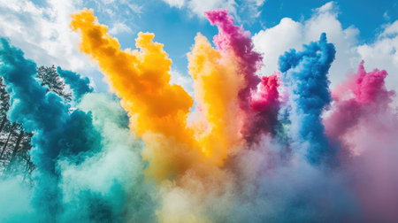 An artistic shot of smoke bombs releasing clouds of vibrant colors into the air during an outdoor event, with the colors spreading out beautifully.の素材