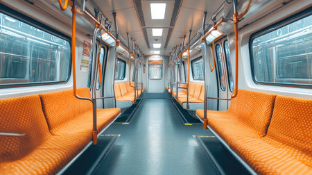 An interior view of a modern train carriage, featuring comfortable seating and clean design, illustrating the convenience and comfort of contemporary rail travel.の素材
