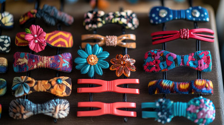 A collection of colorful hair clips neatly arranged on a vanity, showcasing various designs and patterns, perfect for adding a touch of flair to any hairstyle.の素材