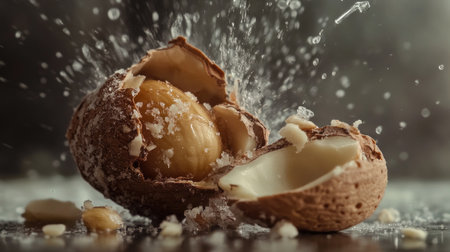 A close-up of almonds being cracked open to reveal the nut inside, with the shell and nut displayed together to showcase their natural texture and color.の素材