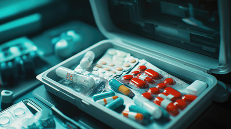 A close-up of a first aid kit opened to reveal essential items such as antiseptics, adhesive bandages, and over-the-counter medications.の素材